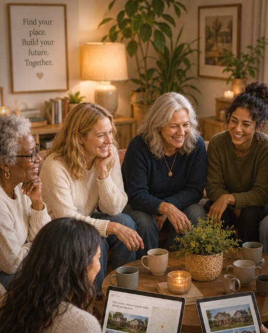 Diverse groep vrouwen lacht samen rond een tafel met laptop en tablet
